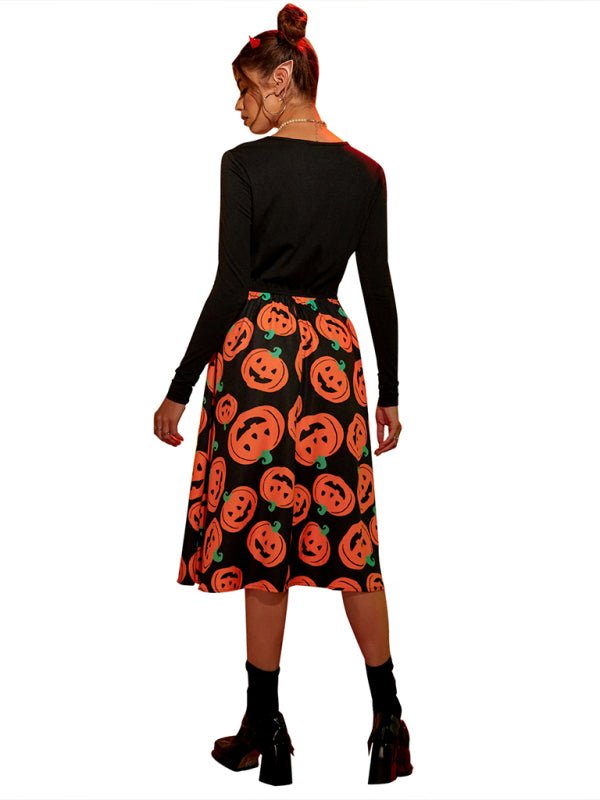 Pumpkin Print Long Sleeve Halloween Costume Dress | Midi