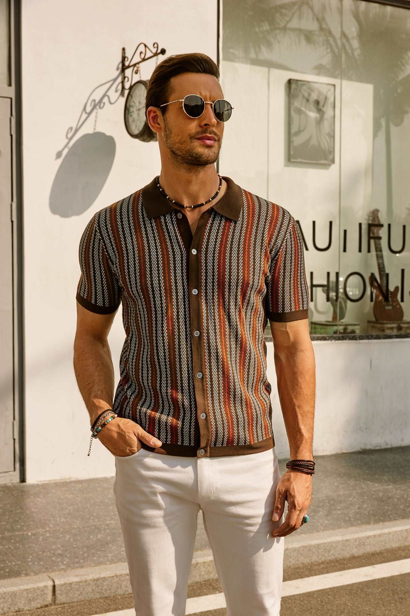 Vintage Striped Button-Down Polo Shirt