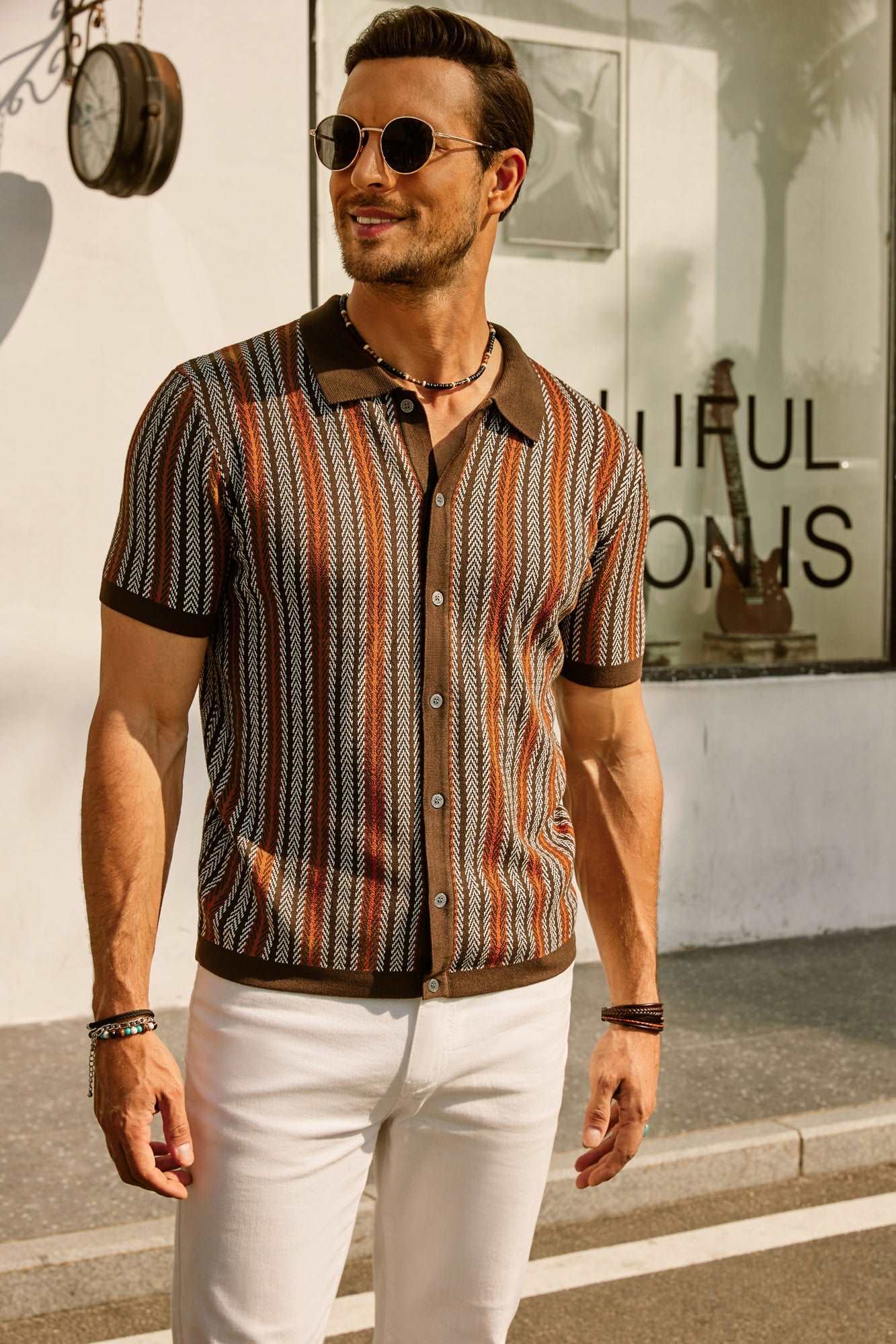 Vintage Striped Button-Down Polo Shirt