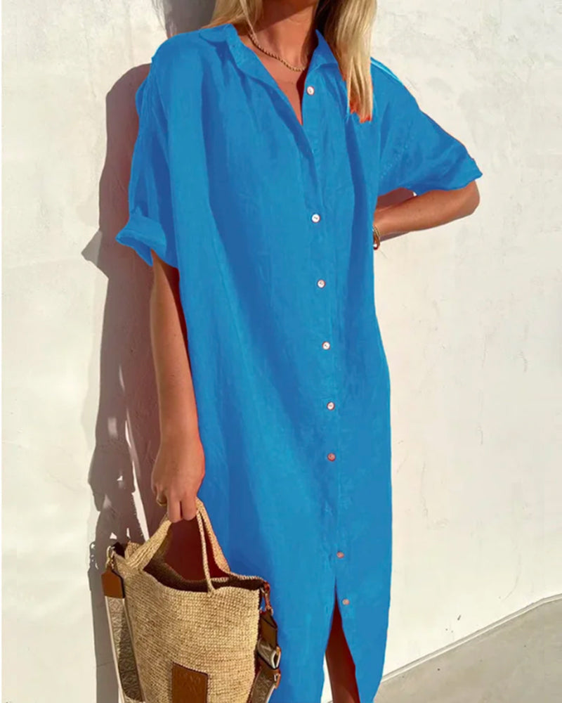 Women's Cotton Linen Button-Down Long Summer Beach Dress