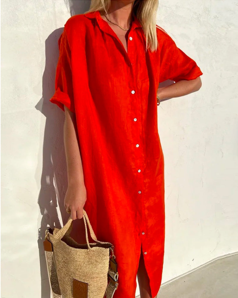 Women's Cotton Linen Button-Down Long Summer Beach Dress
