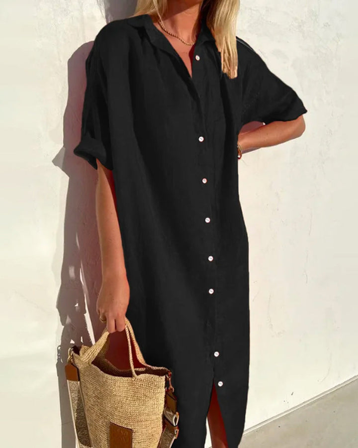 Women's Cotton Linen Button-Down Long Summer Beach Dress