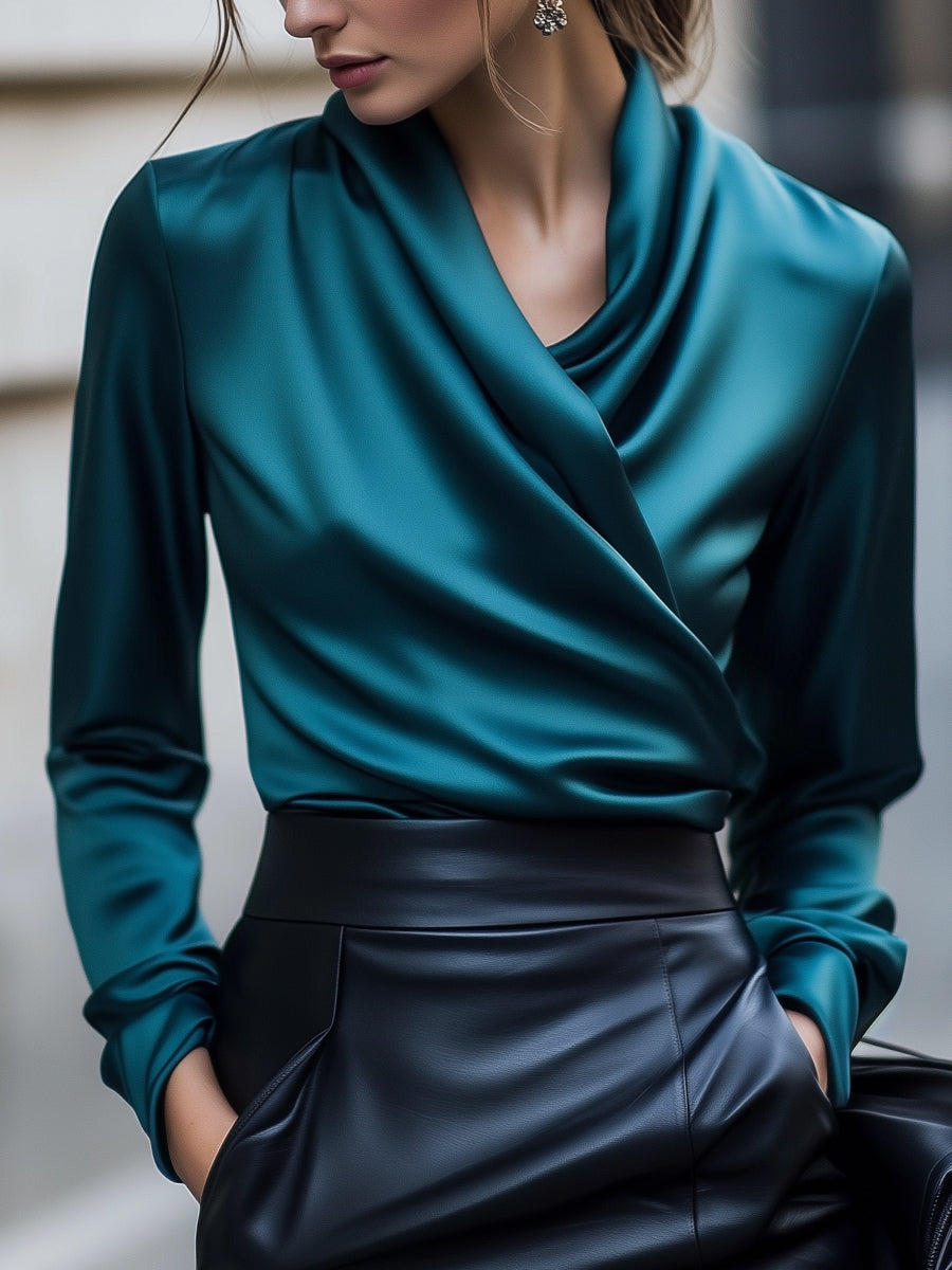 Elegant Brown Satin Blouse with Lace-Up Tailored Fit