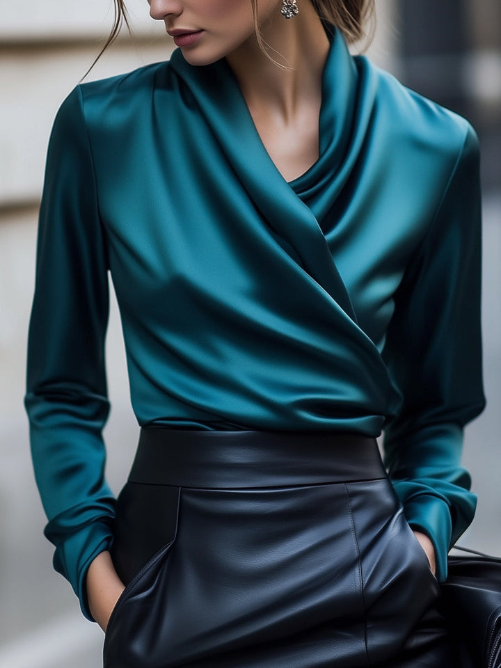Elegant Brown Satin Blouse with Lace-Up Tailored Fit