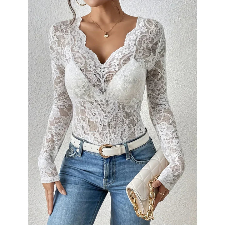 Roberta | Sheer Lace Blouse with Floral Elegance