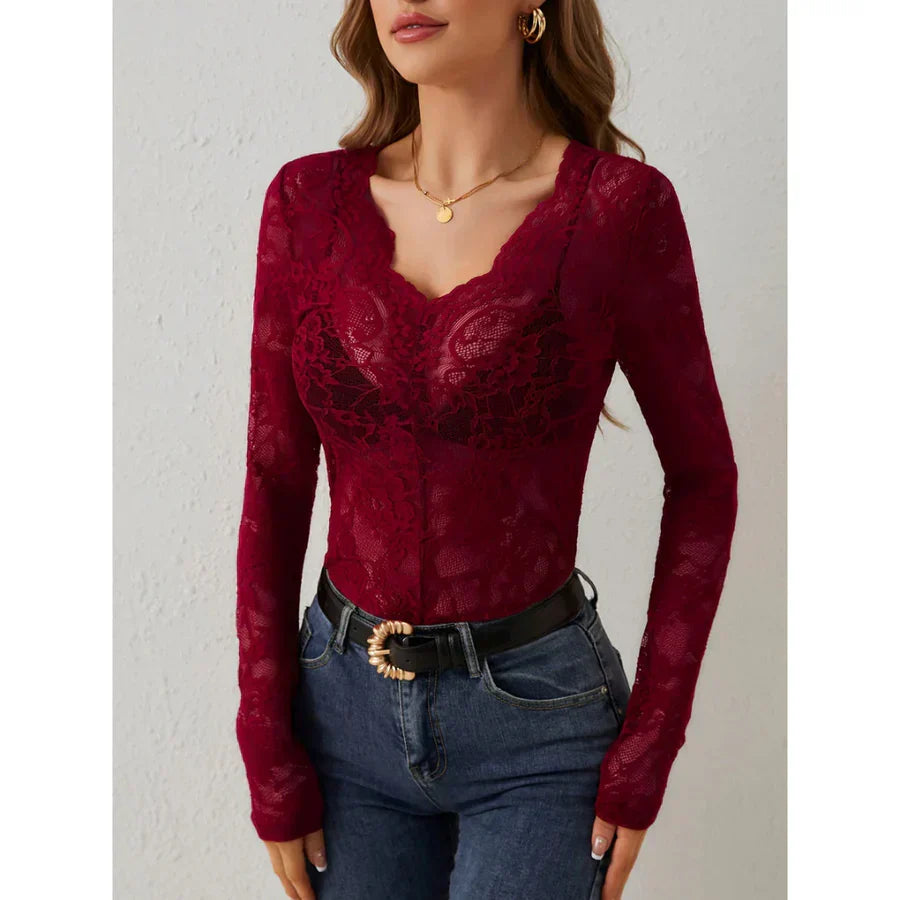 Roberta | Sheer Lace Blouse with Floral Elegance