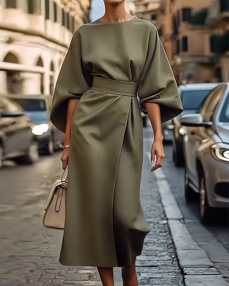 Celestine | Chic Lantern Sleeve Belted Dress