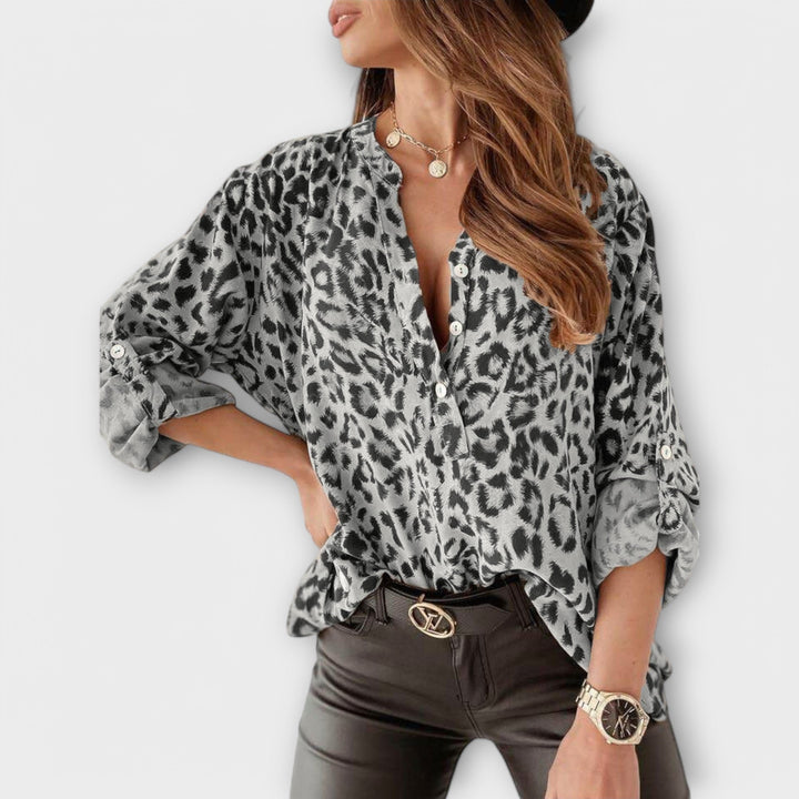 Navy | Chic Leopard Print Statement Blouse