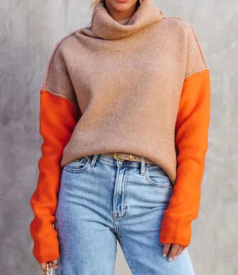 Rose | Cozy Winter Colorblock Turtleneck Sweater