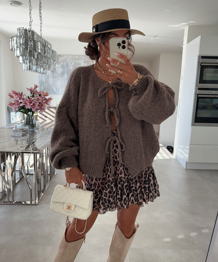 Hazel | Brown Cardigan with Bow Detail