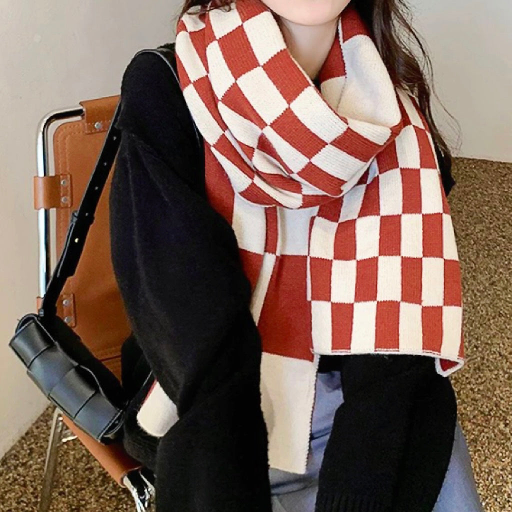 Checkered Knit Scarf for Women