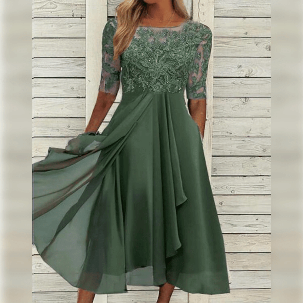 Sophie - Women's knee-length lace midi dress with chiffon ruffles