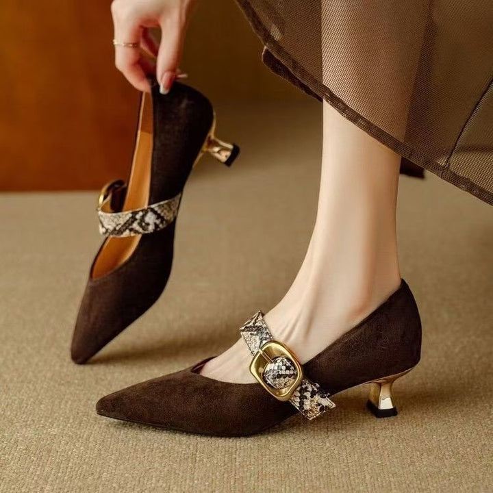 Marilyn | Suede Mid-Heel Shoes with Buckle Charm