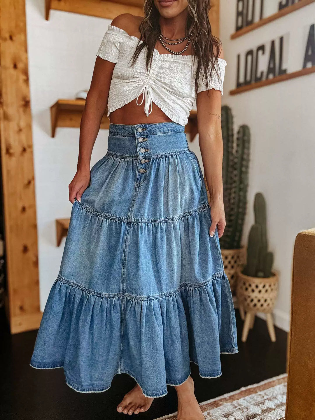 Boho Style Long Denim Skirt