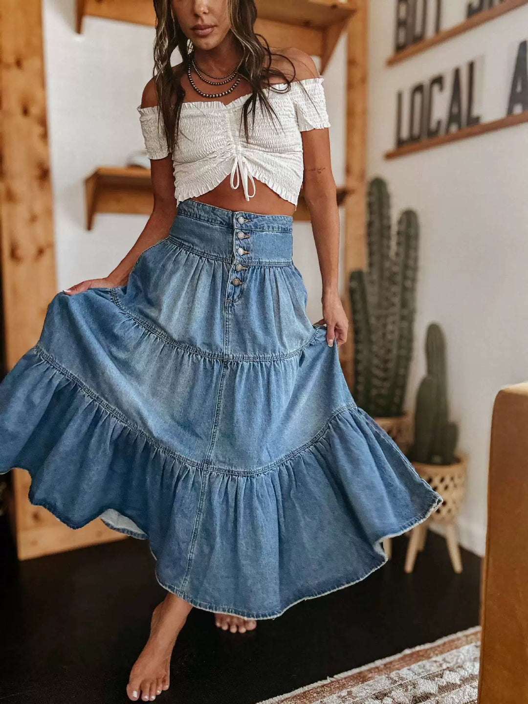 Boho Style Long Denim Skirt