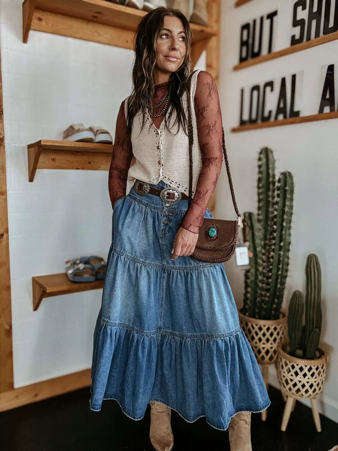 Boho Style Long Denim Skirt