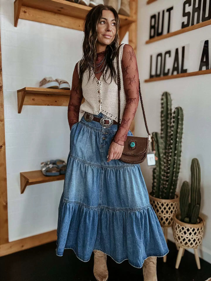 Boho Style Long Denim Skirt