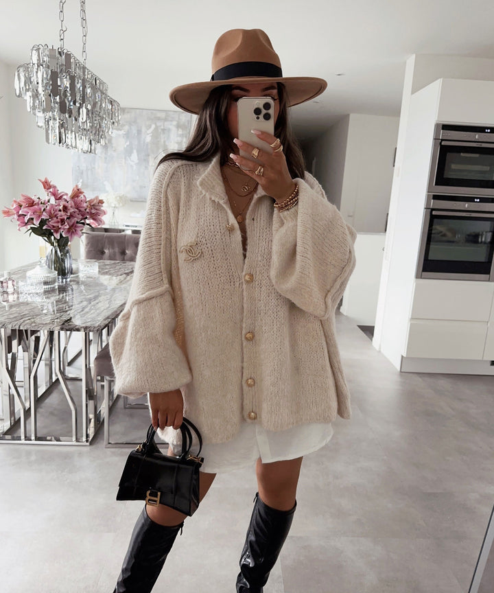 Clara | Beige Oversized Knit Cardigan for Women