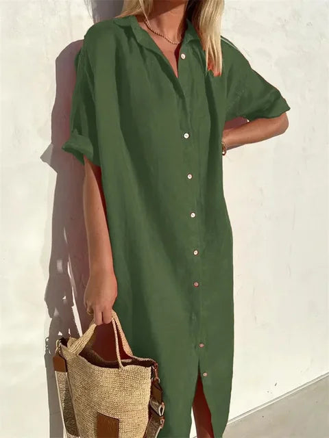 Women's Cotton Linen Button-Down Long Summer Beach Dress