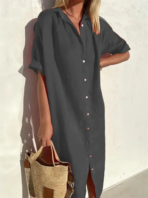 Women's Cotton Linen Button-Down Long Summer Beach Dress