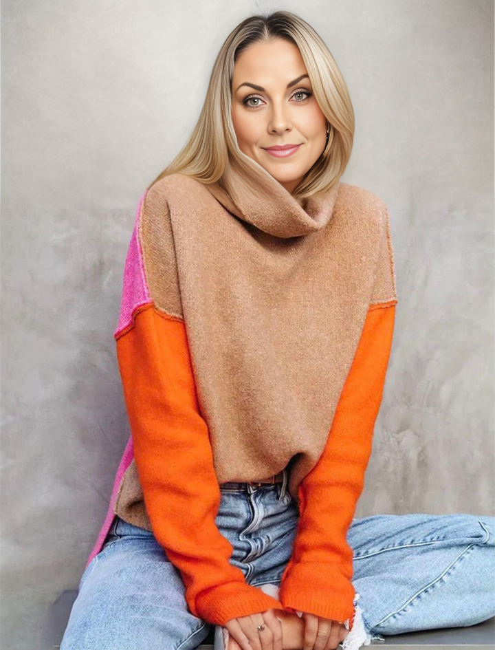 Rose | Cozy Winter Colorblock Turtleneck Sweater