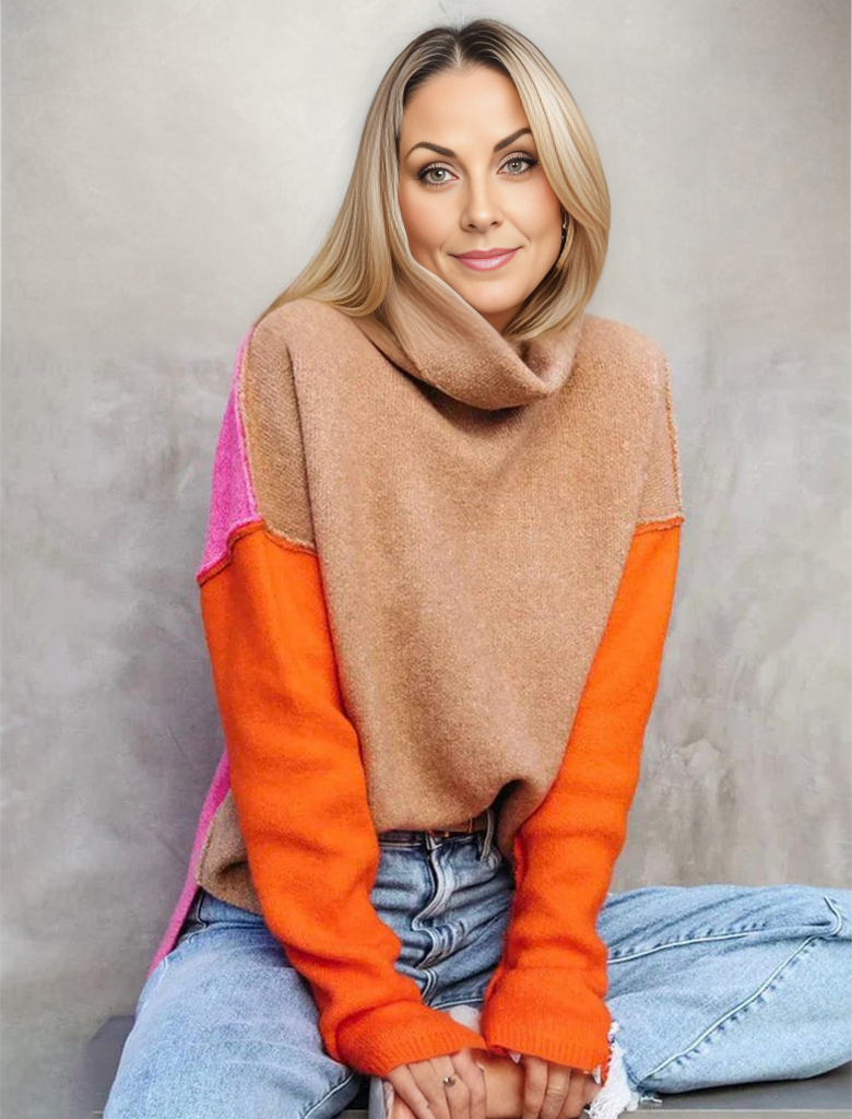 Rose | Cozy Winter Colorblock Turtleneck Sweater