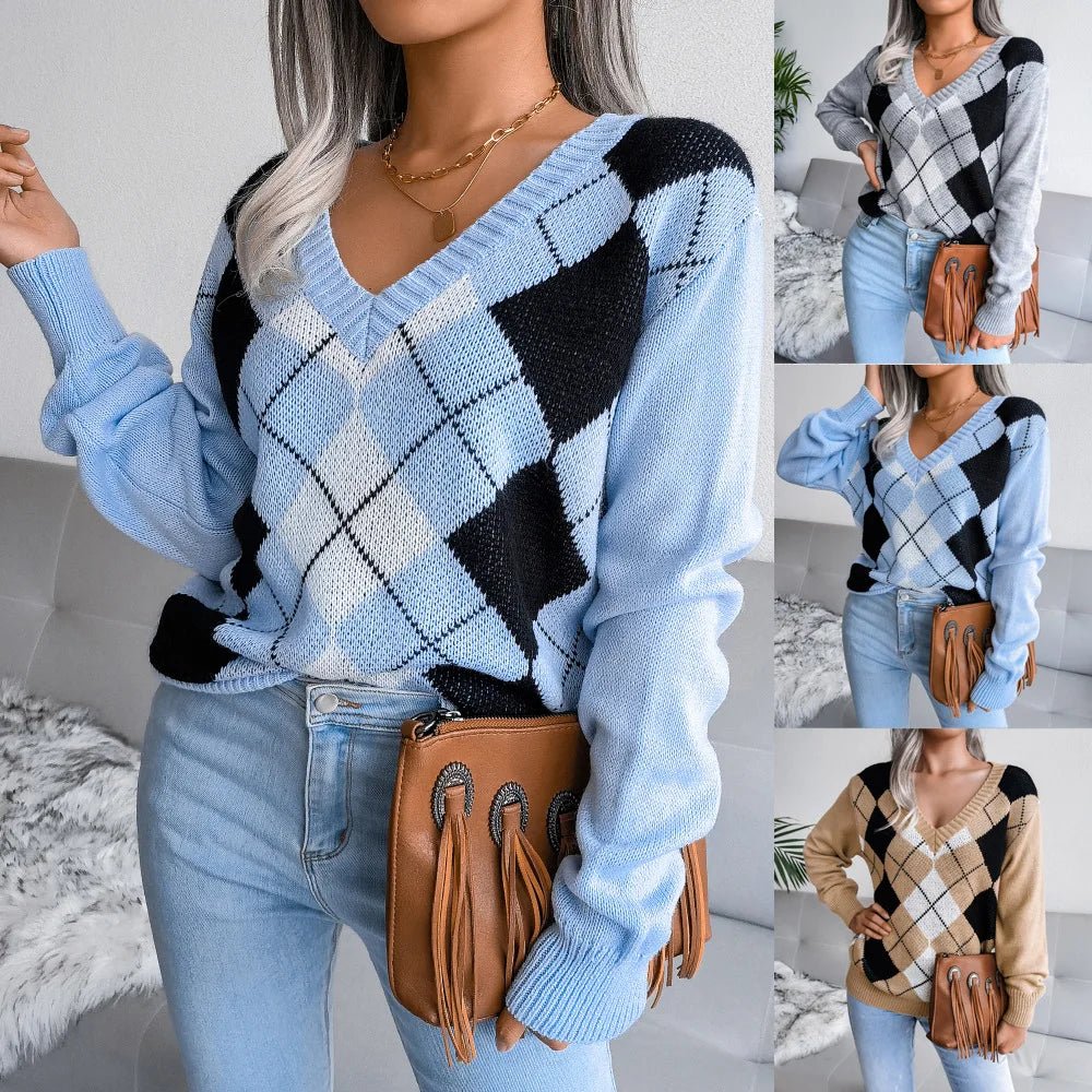 Chloe | Winter Argyle V-Neck Sweater for Women