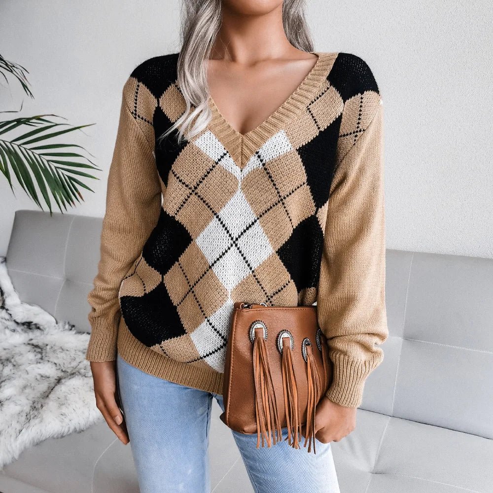 Chloe | Winter Argyle V-Neck Sweater for Women