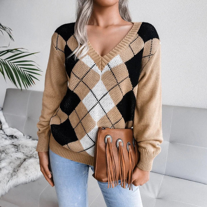 Chloe | Winter Argyle V-Neck Sweater for Women