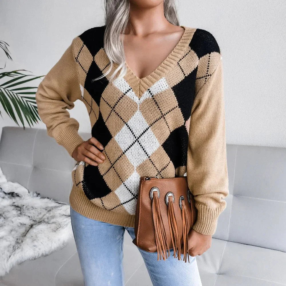 Chloe | Winter Argyle V-Neck Sweater for Women