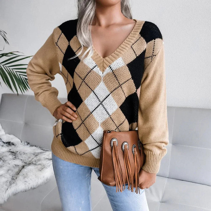Chloe | Winter Argyle V-Neck Sweater for Women