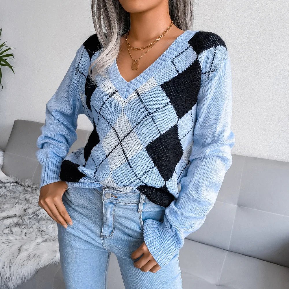 Chloe | Winter Argyle V-Neck Sweater for Women