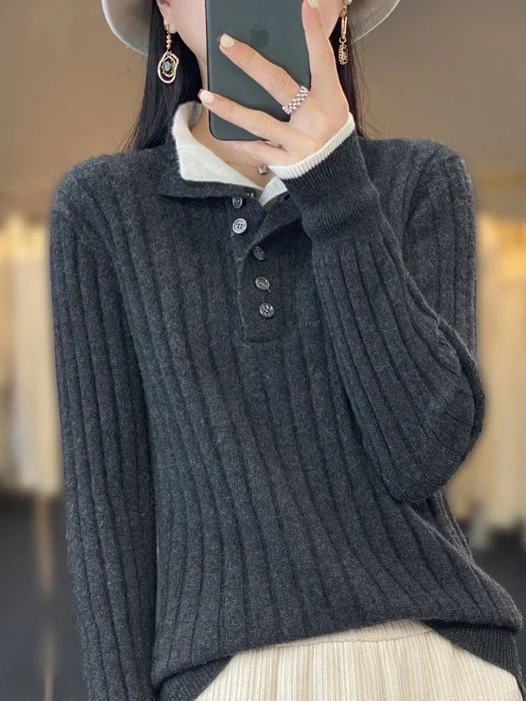Maya | Winter Ribbed Sweater with Button Collar