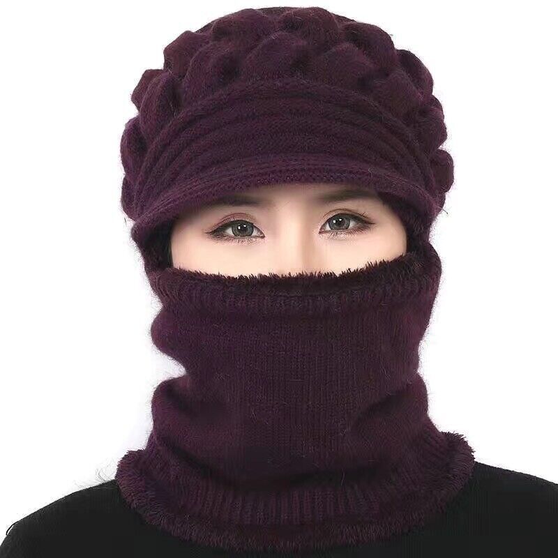 Women's Knitted Beanie with Visor Scarf