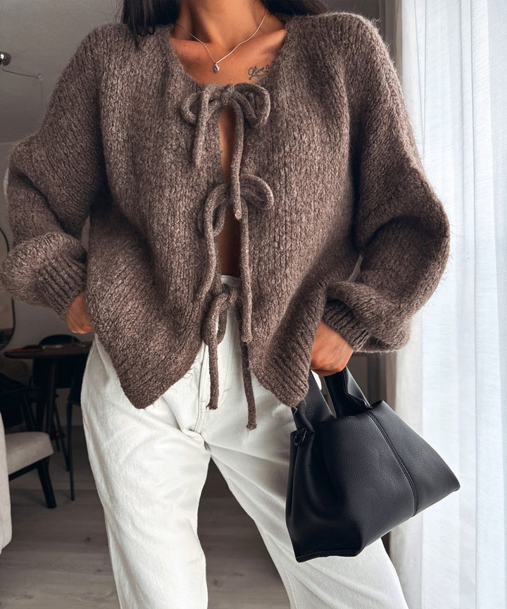 Hazel | Brown Cardigan with Bow Detail