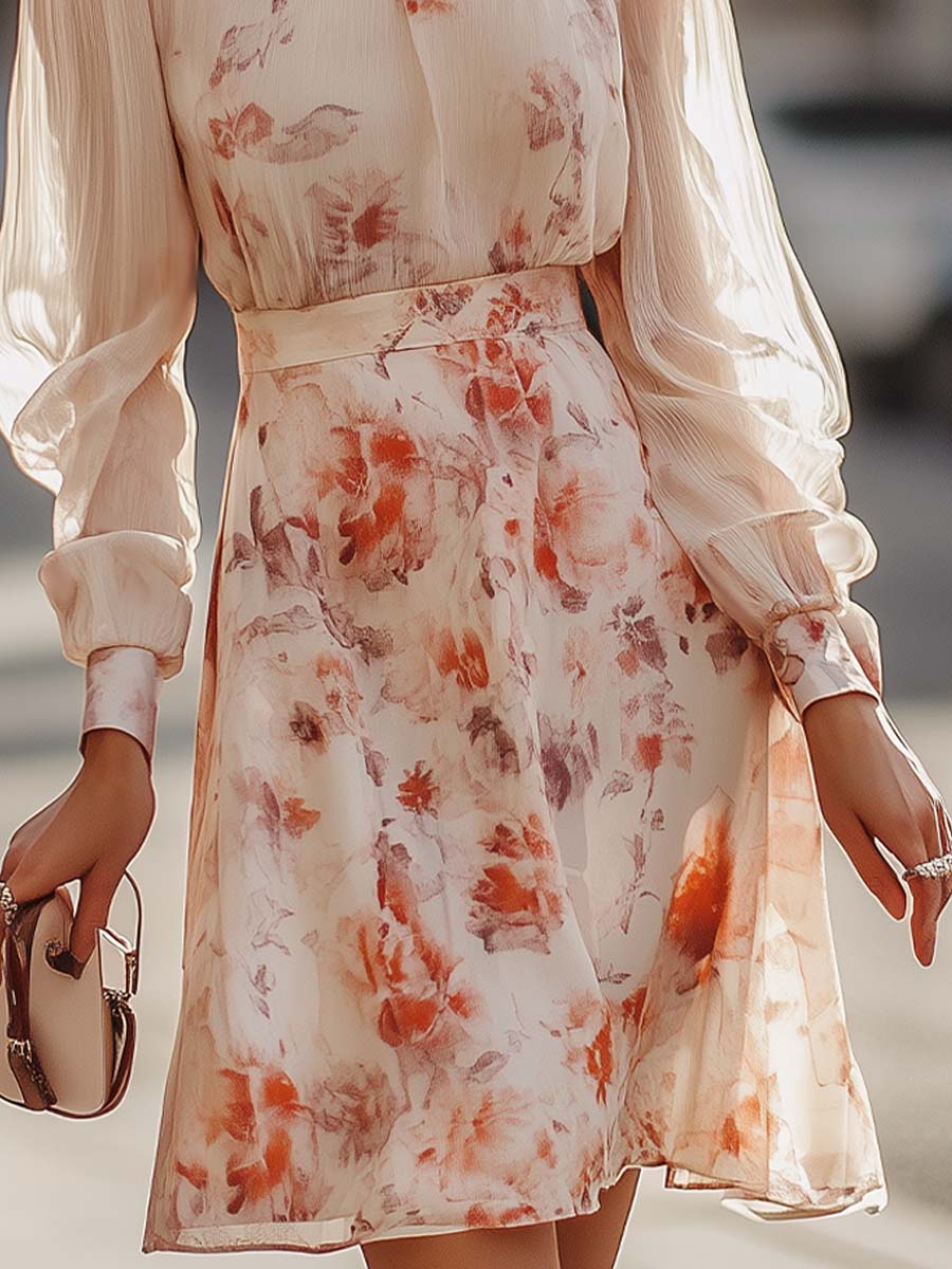 Floral Print Pleated Dress with Short Sleeves