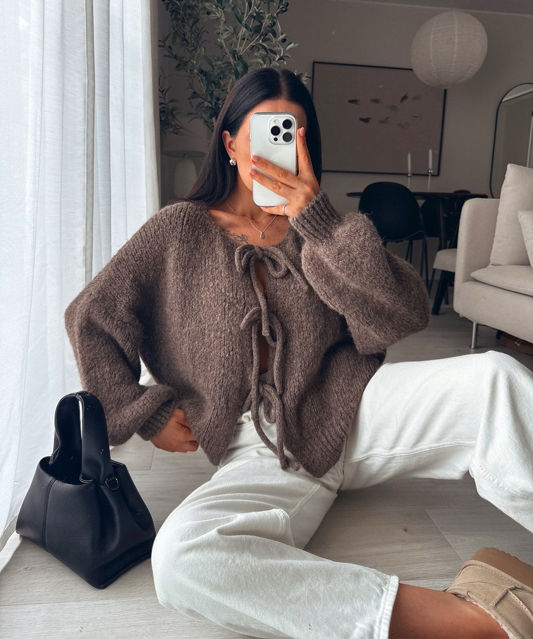 Hazel | Brown Cardigan with Bow Detail