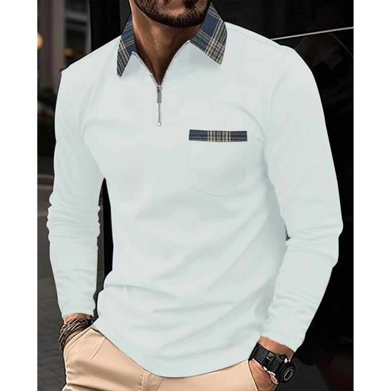 Plaid Stitched Zipper Collar Long Sleeve Polo Shirt
