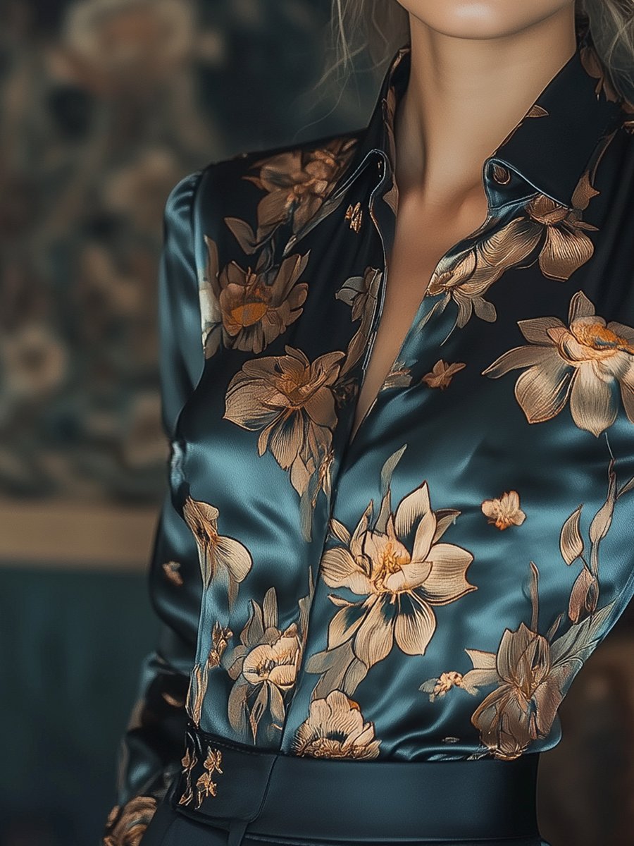 Golden Lotus Floral Satin Print Blouse