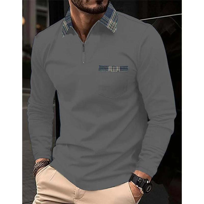 Plaid Stitched Zipper Collar Long Sleeve Polo Shirt