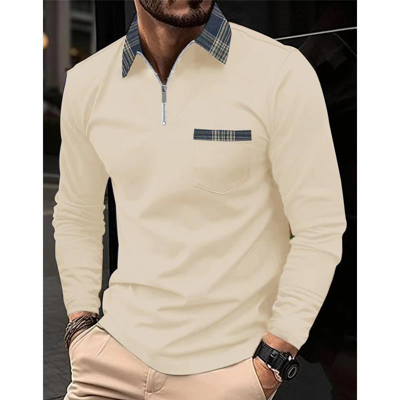 Plaid Stitched Zipper Collar Long Sleeve Polo Shirt