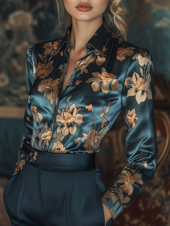 Golden Lotus Floral Satin Print Blouse
