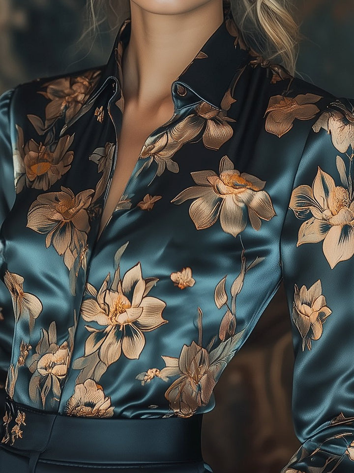 Golden Lotus Floral Satin Print Blouse