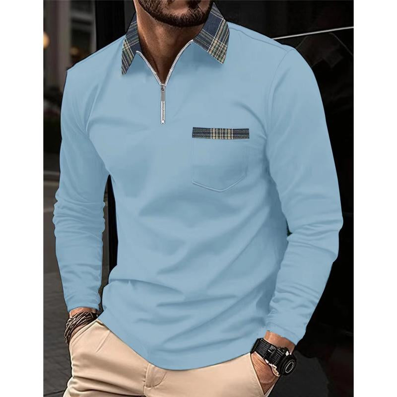 Plaid Stitched Zipper Collar Long Sleeve Polo Shirt