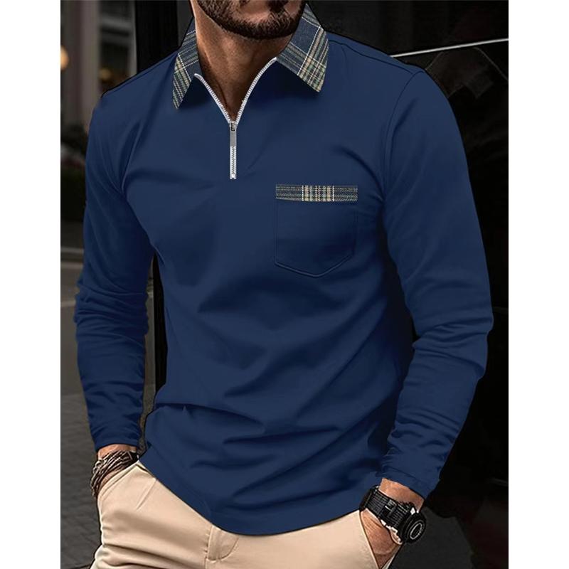 Plaid Stitched Zipper Collar Long Sleeve Polo Shirt