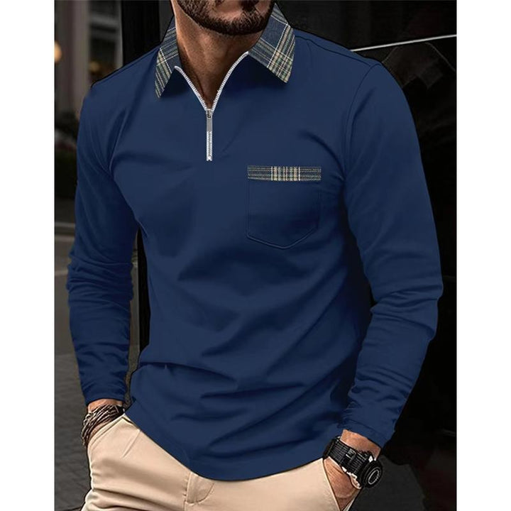 Plaid Stitched Zipper Collar Long Sleeve Polo Shirt