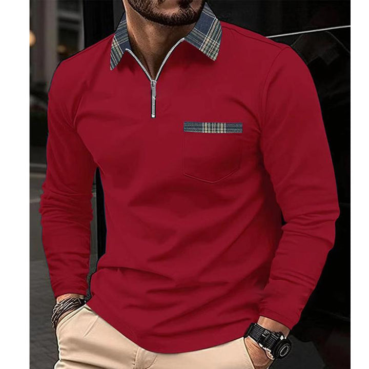 Plaid Stitched Zipper Collar Long Sleeve Polo Shirt