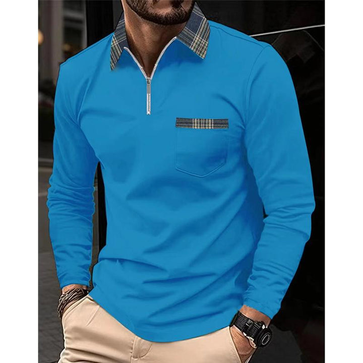 Plaid Stitched Zipper Collar Long Sleeve Polo Shirt