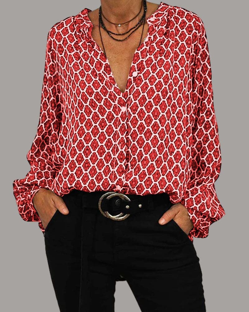 Brenda | Chic V-Neck Blouse with Geometric Flair