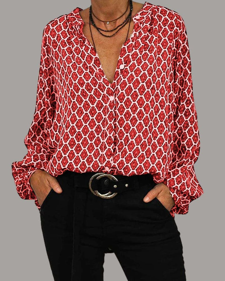 Brenda | Chic V-Neck Blouse with Geometric Flair